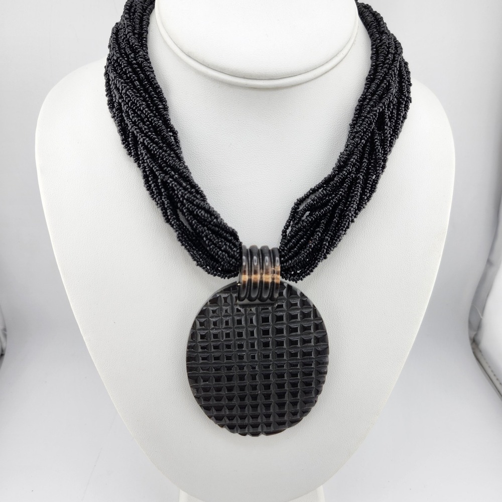 Vintage Torsade Black Seed Bead Multistrand Choker Necklace With Large Carved...